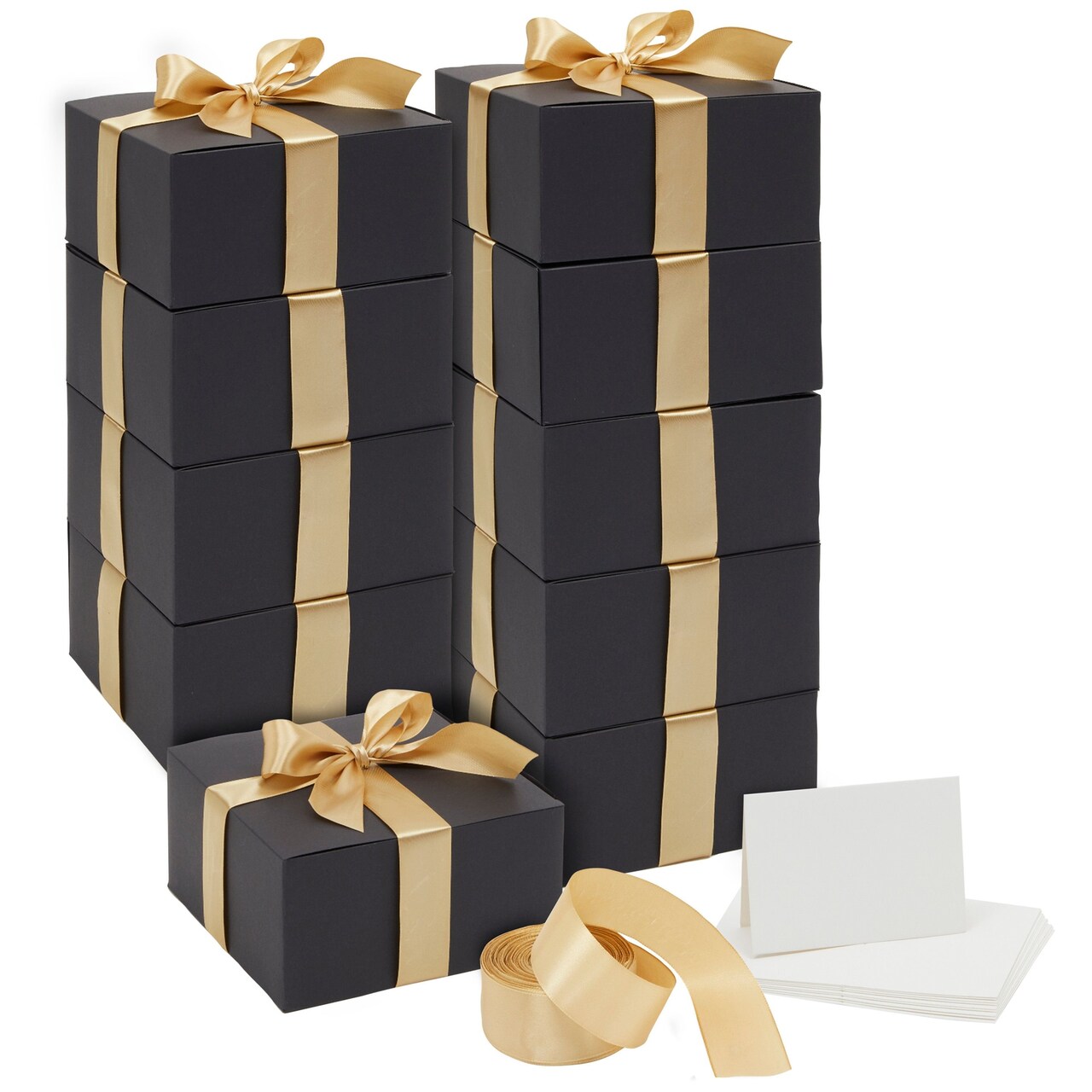 10 Pack Black Gift Boxes with Lids, Ribbon and Blank White Greeting Cards for Presents, Favors (8x8x4 in)